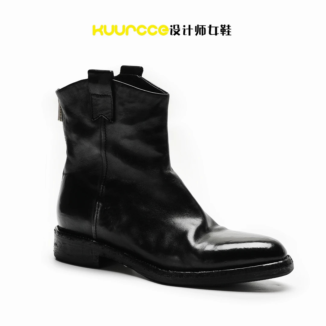 【kuurcce】水洗马皮裸靴秋冬V口百搭靴子西部短靴固特异女马丁靴