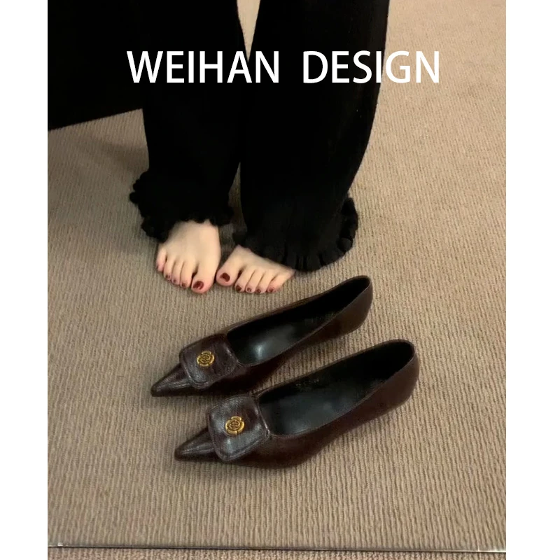 羊皮版！复古尖头山茶花浅口单鞋女低跟一脚蹬气质高级感通勤瓢V