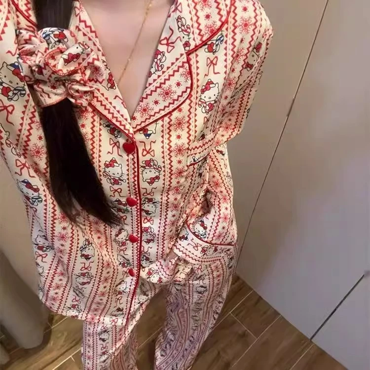 凯蒂猫甜美冰丝睡衣女春秋季薄款长袖长裤卡通甜美女士家居服套装
