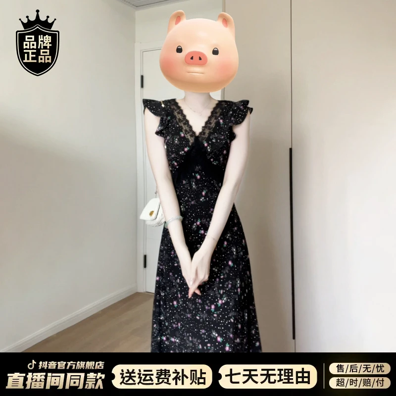 2025夏季新款黑色V领碎花连衣裙子女法式高级感显瘦气质轻奢长裙