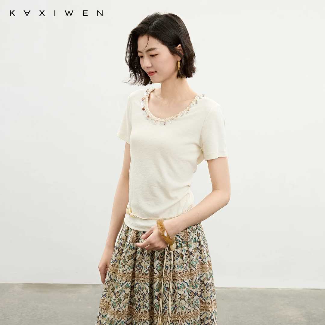 佧茜文艺术感贝壳装饰T恤【夏新】休闲纯色圆领上衣女D04BTW6729