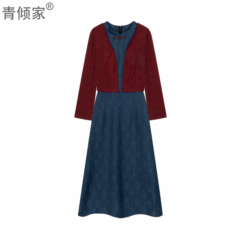 青倾家【知春晚】春装新款新中式套装披肩旗袍打底衫连衣裙两件套