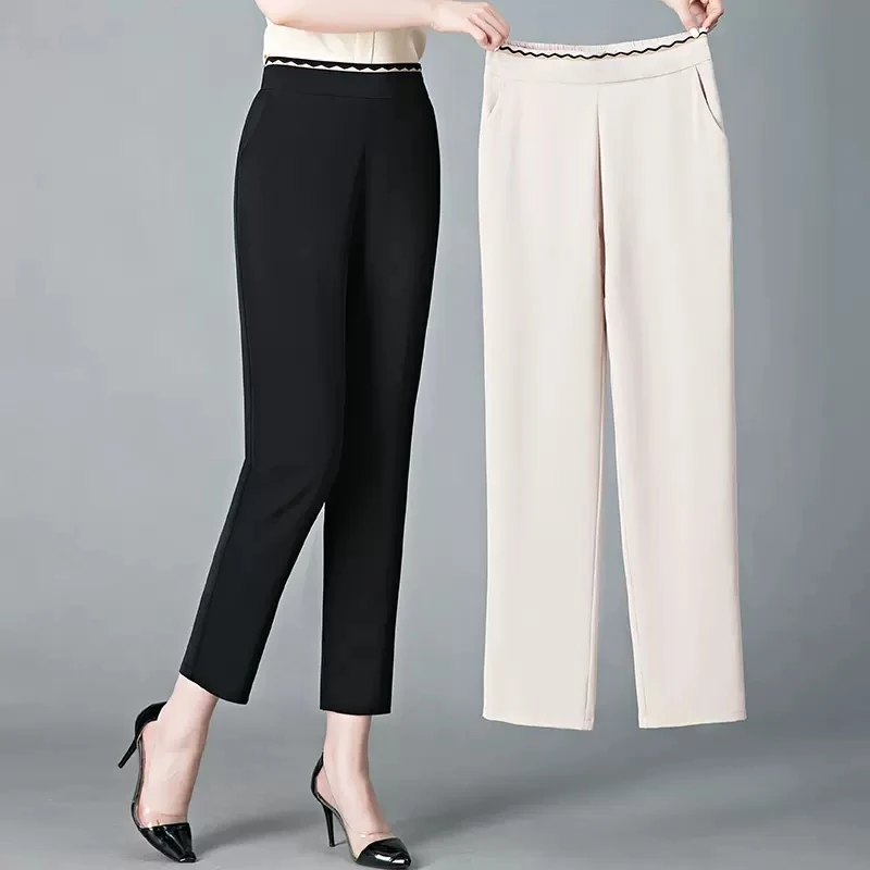 妈妈裤子松紧腰直筒裤中年女士春秋薄款外穿九分裤春装高腰休闲裤