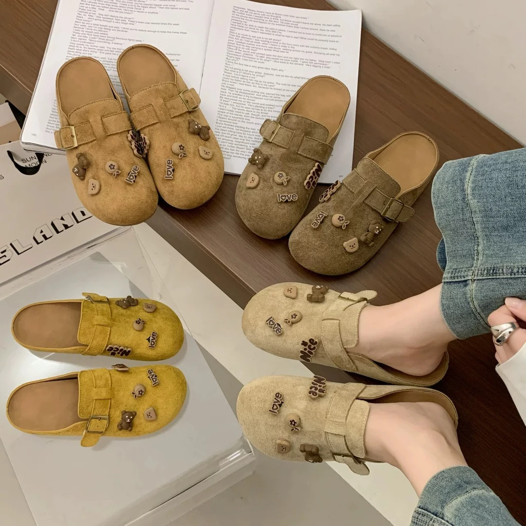 超火小众复古包头拖鞋【K59】新款平底勃肯鞋一脚蹬半拖小熊洞洞鞋