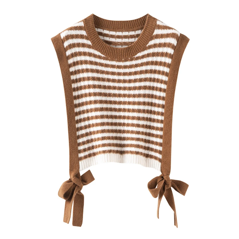 秋冬100%纯羊毛马甲女圆领条纹拼色套头坎肩宽松系带复古马夹BMJ