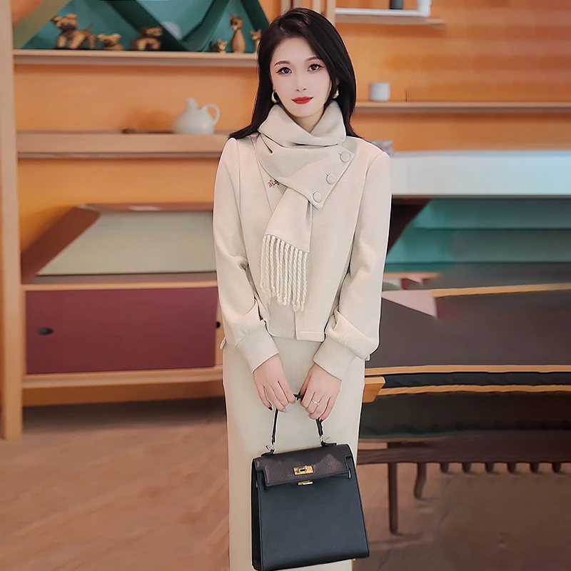 法式时尚围巾领三件套连衣裙女2024秋冬新款高档妈妈加厚套装裙子