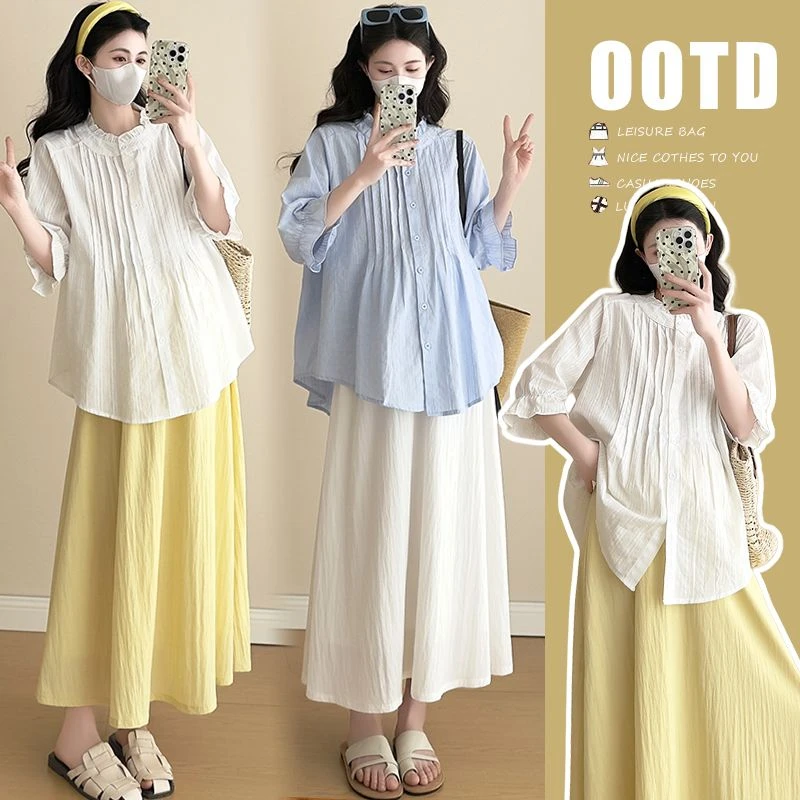 【枫丽】2025春夏新款孕妇棉麻小清新减龄娃娃衫上衣抽绳高腰半身裙