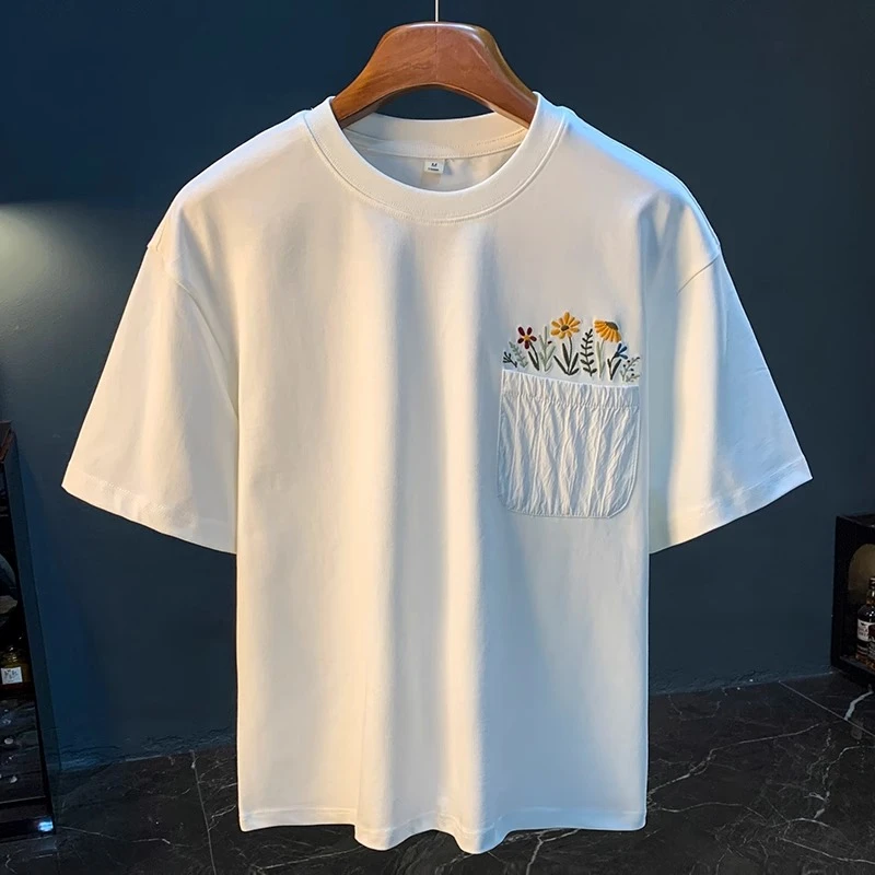 男款男士T恤夏季服装全棉口袋刺绣短袖体恤宽松薄款上衣t恤男