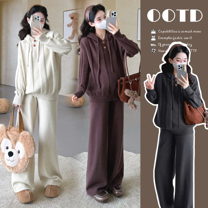 2025孕妇套装时尚连帽秋冬慵懒风韩系加厚麻花毛衣+阔腿裤两件套