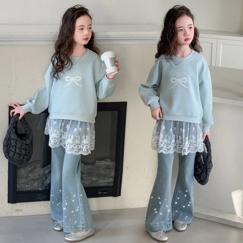 女童洋气卫衣套装2025新款春秋款中大儿童6-12岁15时尚牛仔喇叭裤