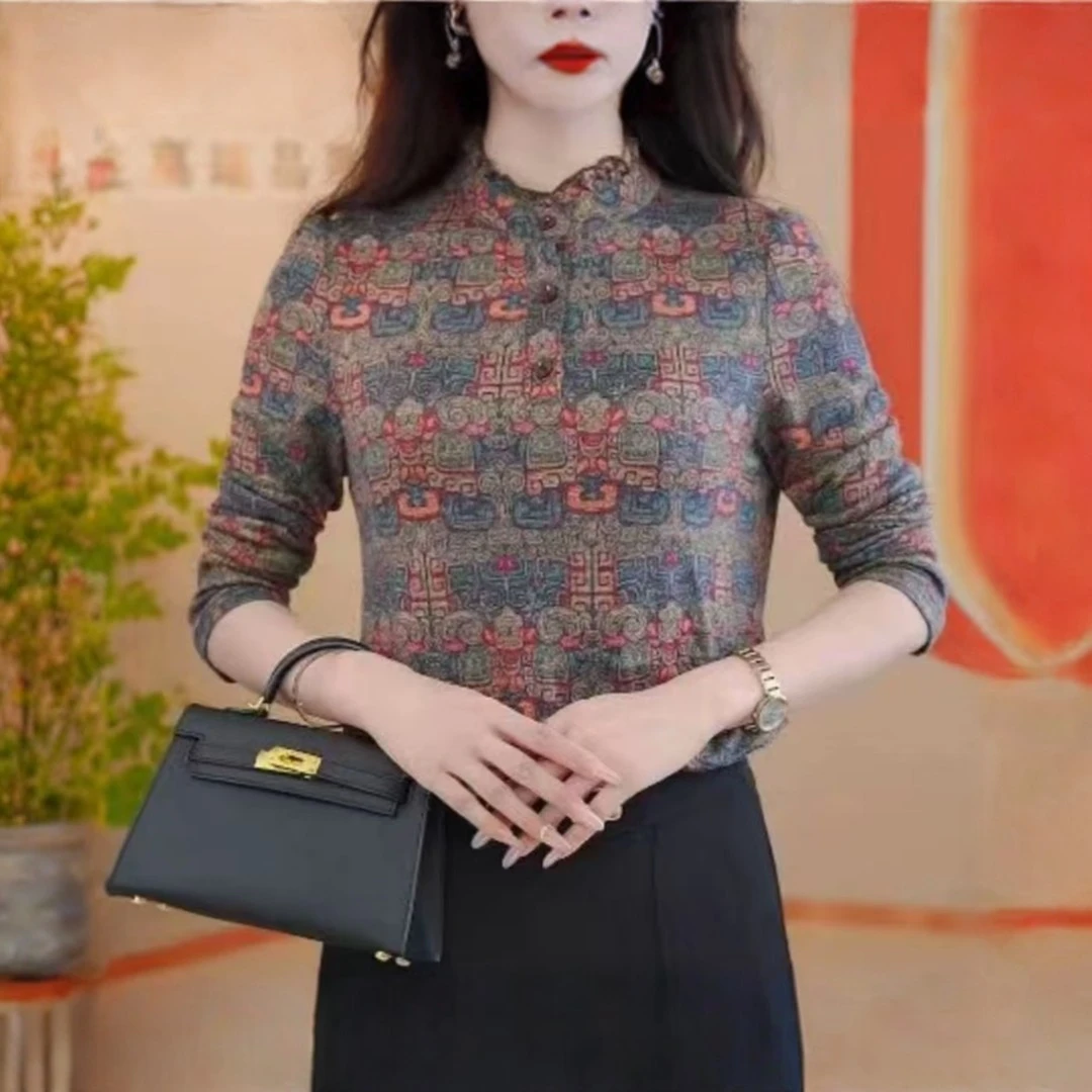 秋冬薄款立领长袖复古妈妈装大码宽松显瘦气质上衣时尚百搭打底衫