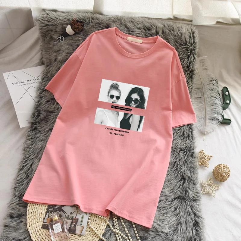 粉色圆领短袖t恤女中长款2025新款春夏宽松遮屁股百搭上衣ins潮款