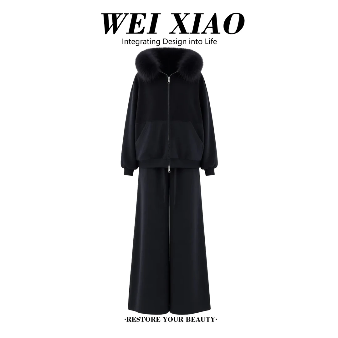 韩版大毛领连帽卫衣时尚套装女2025秋冬新款加绒休闲阔腿裤两件套