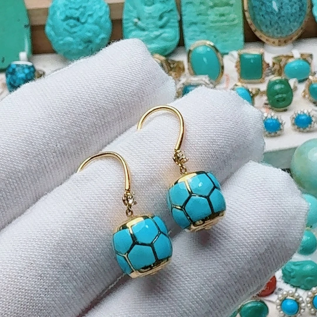 绿松石18K金镶嵌高瓷蓝特色拼接款耳环