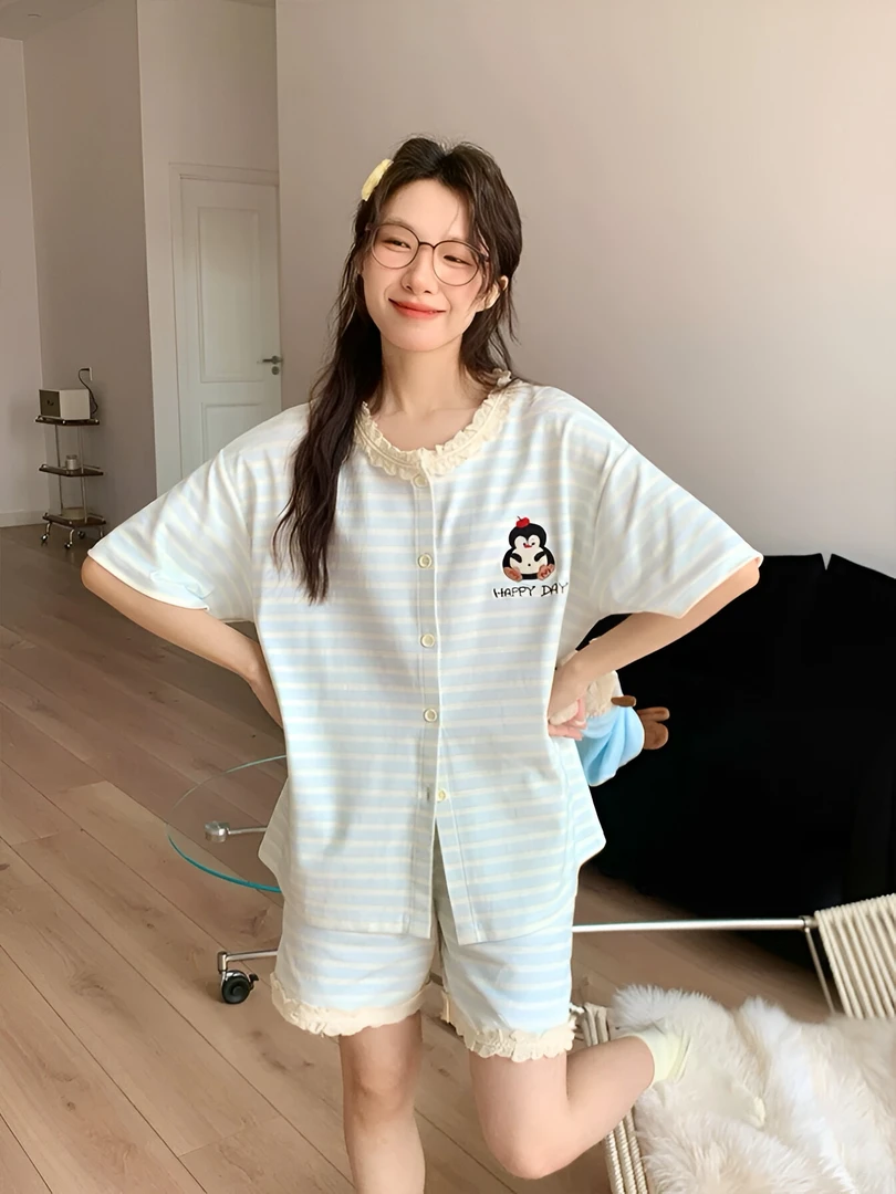 可爱小企鹅睡衣女款夏季凉感纯棉短袖短裤宽松条纹卡通家居服套装