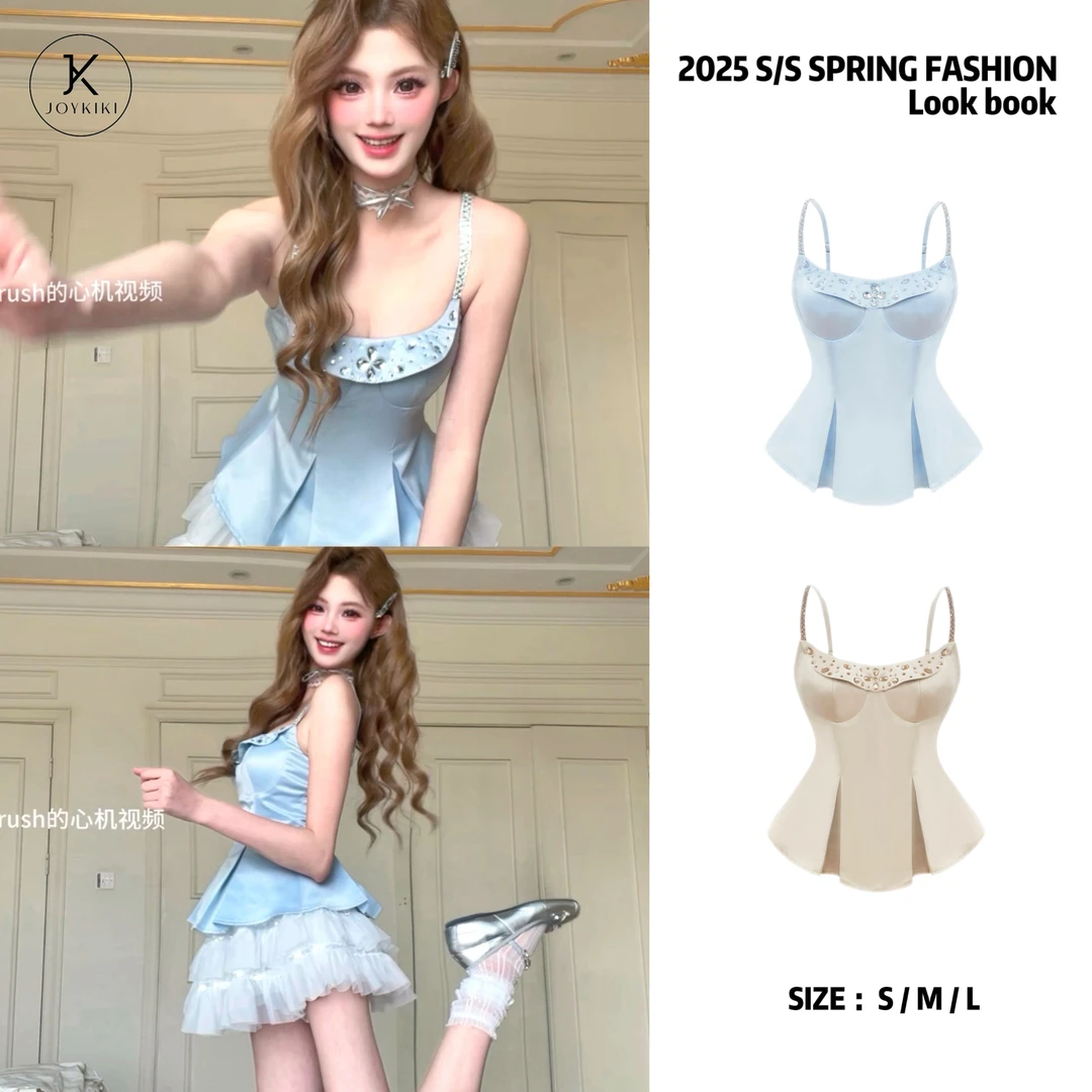 JOY KIKI金金【半岛琉璃】春季法式纯欲拼接重工镶钻上衣J25A207