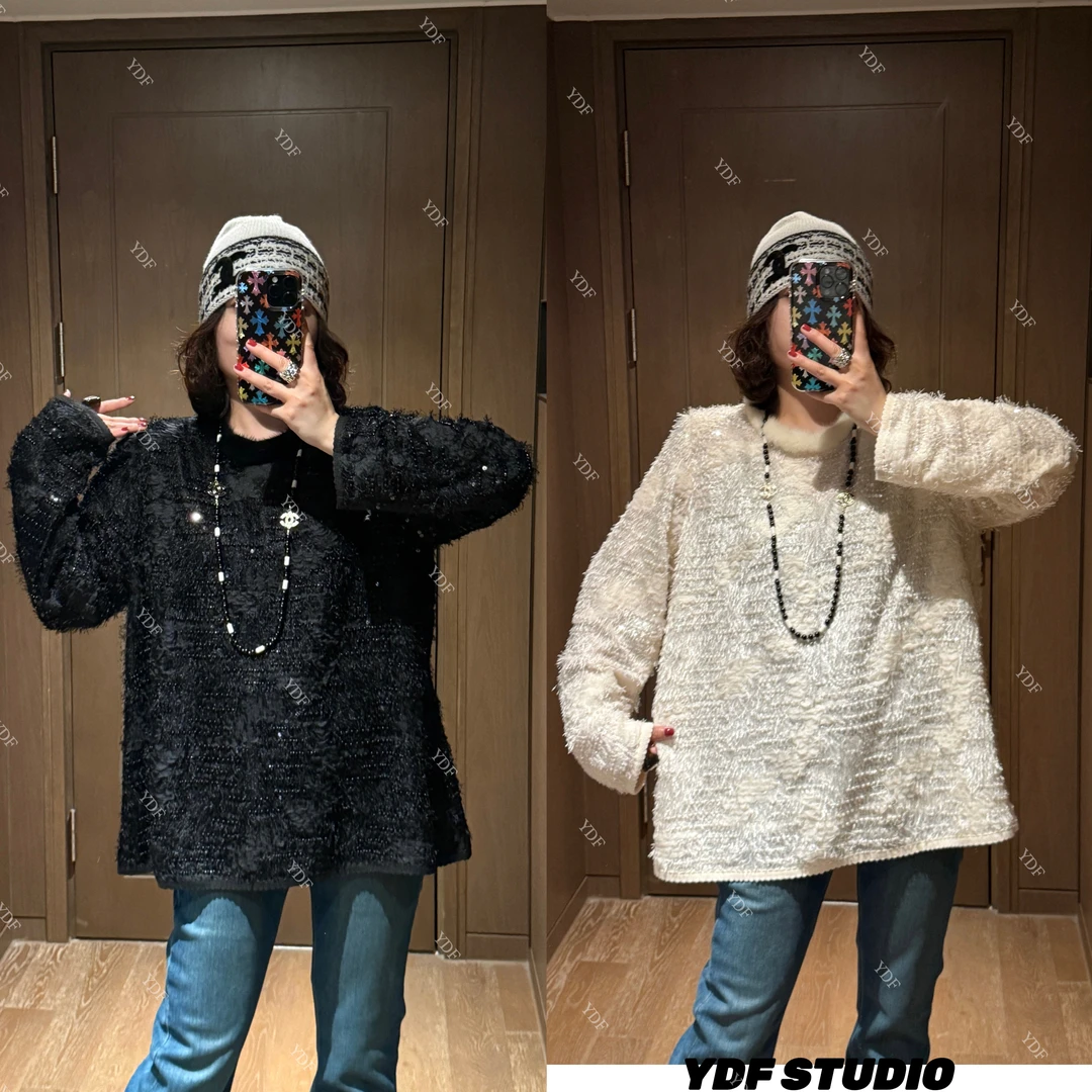 YDFSTUDIO小众【质感交响】欧货高品重工亮片毛领拼接设计时尚上衣