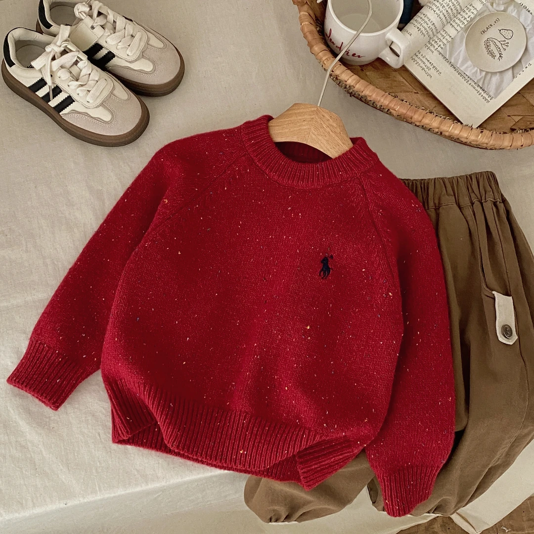 秋冬新款韩系点子夹色套头毛衣男宝女童洋气刺绣厚实百搭针织毛衣