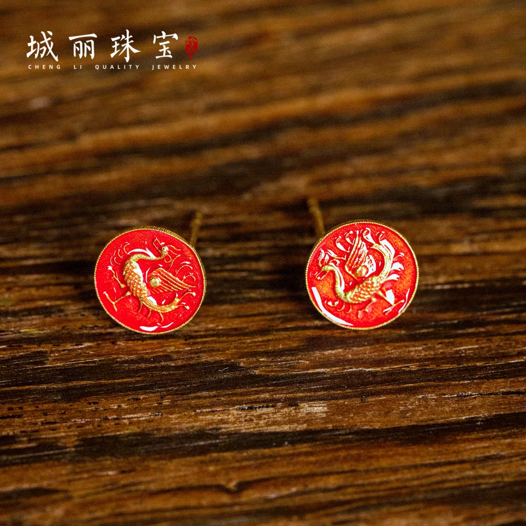 【全力以赴】金福朱雀圆形耳钉/对（多样性发货）KJ-367