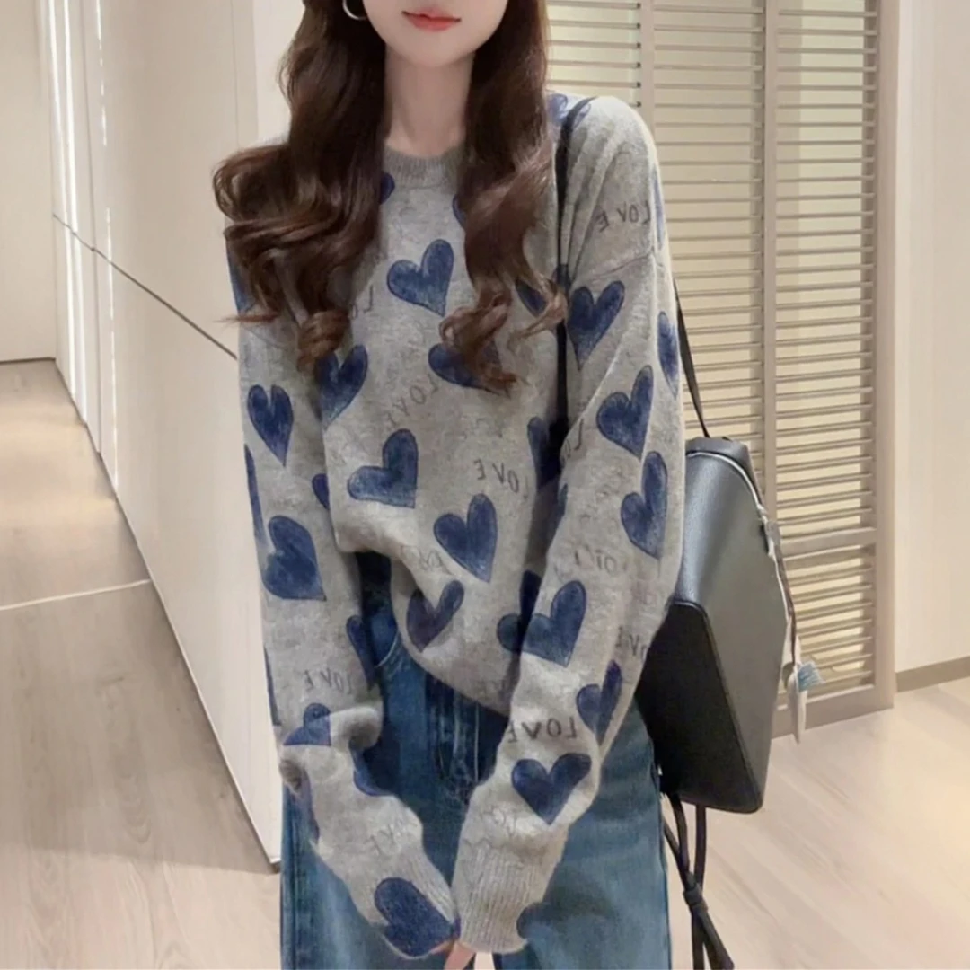 韩版慵懒风字母爱心毛衣女2025秋季时尚高级感减龄宽松长袖针织衫