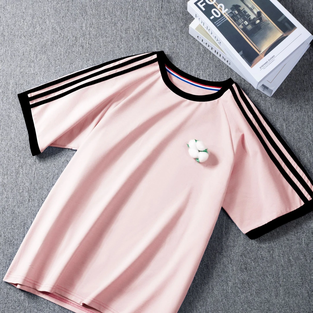 品牌代工厂男女同穿简约短袖 三道杠净 粉色
