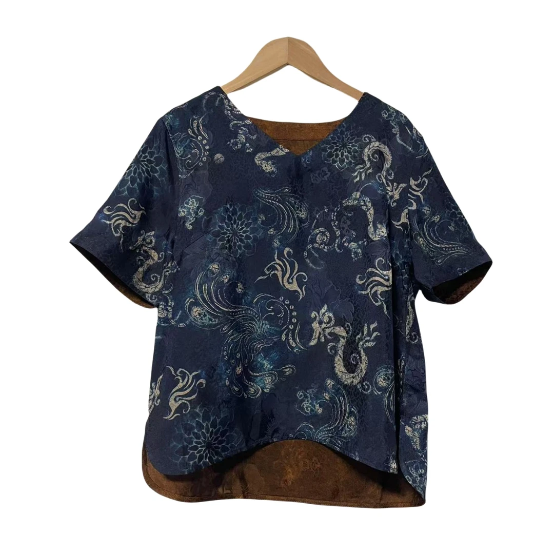 【001】薄款中年百搭印花夏季桑蚕丝透气印花T恤提花蓝色