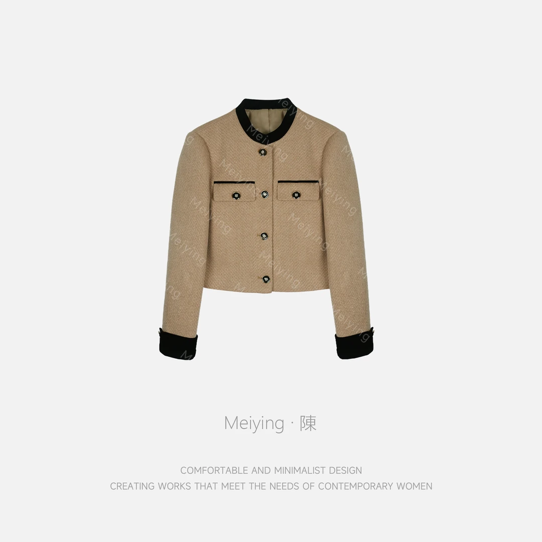 Meiying-“卡布奇诺”精致显瘦U领拼接袖羊毛混纺小香外套YA5QQ049