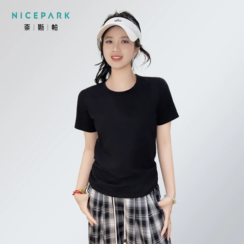 NICE PARK/奈斯帕奈斯帕正肩短袖女士白色t恤圆领宽松显瘦素t恤女