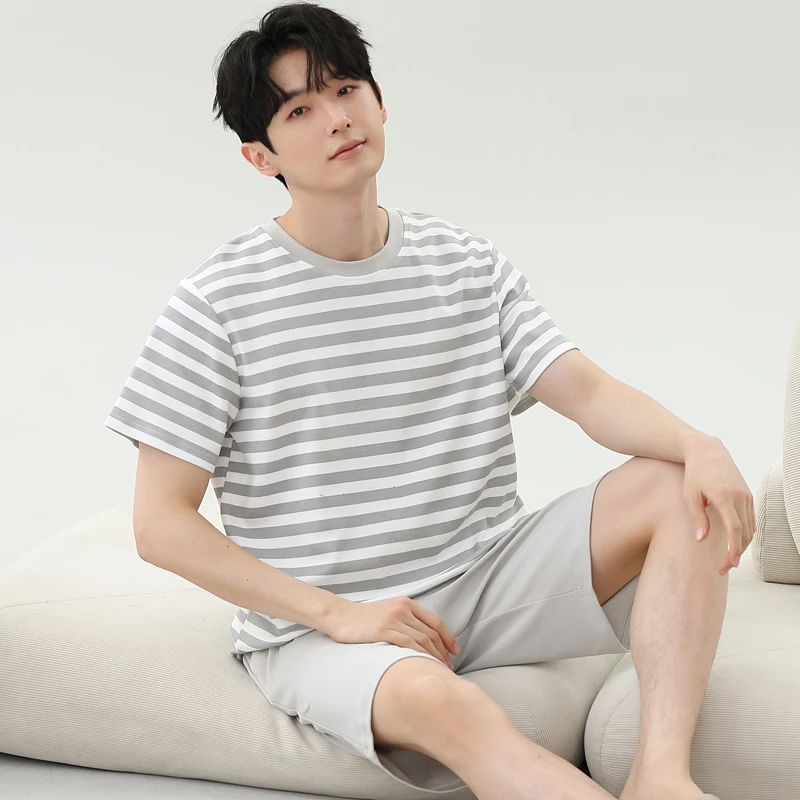 夏季男士薄款大码睡衣套装夏天家居服短袖韩版条纹可外穿运动休闲