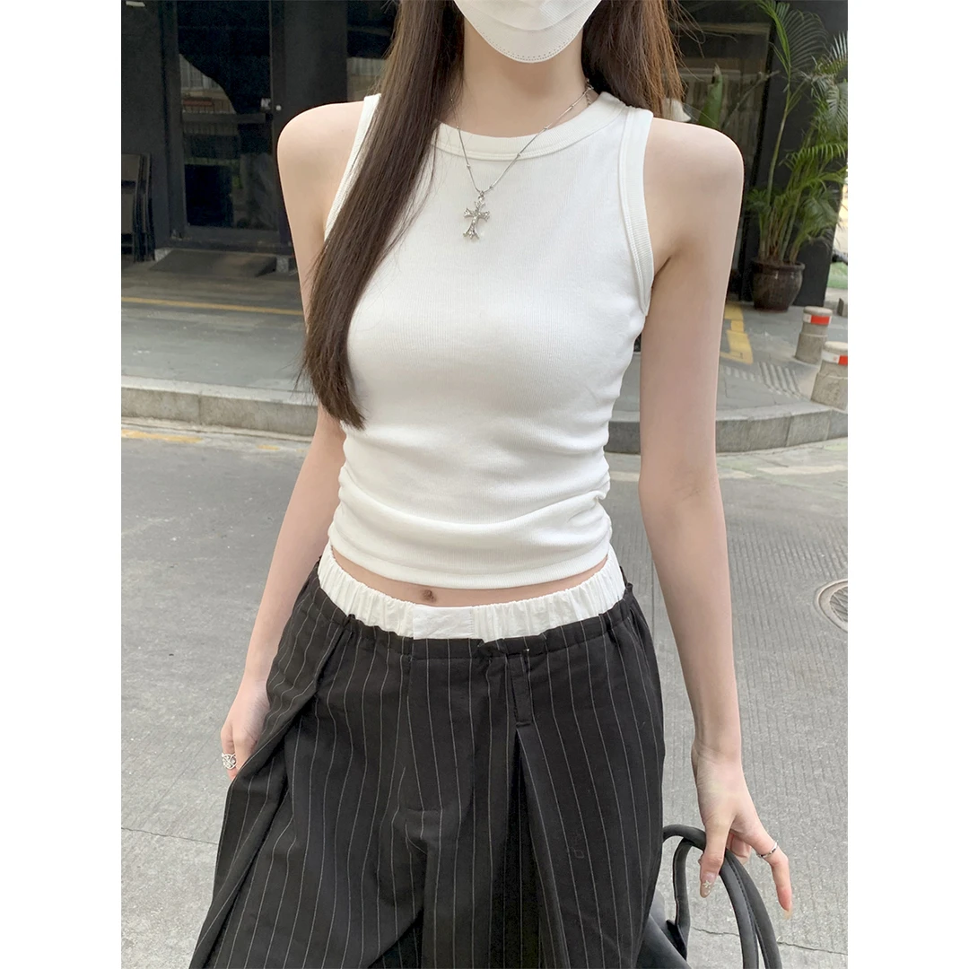 美式辣妹工字背心内搭圆领抽褶无袖上衣春夏遮副乳打底吊带女外穿