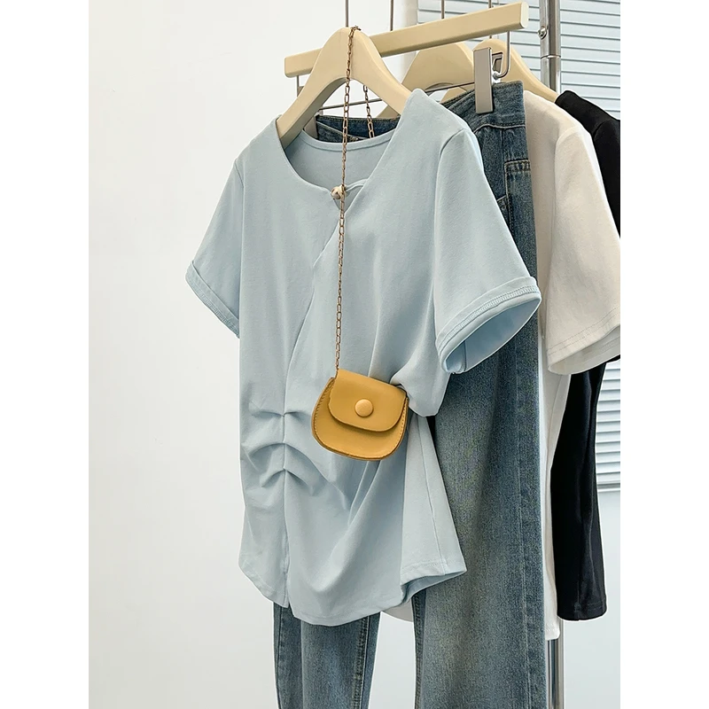 2025夏装新款胖mm大码女韩系简约镂空设计显瘦不规则短袖T恤简约