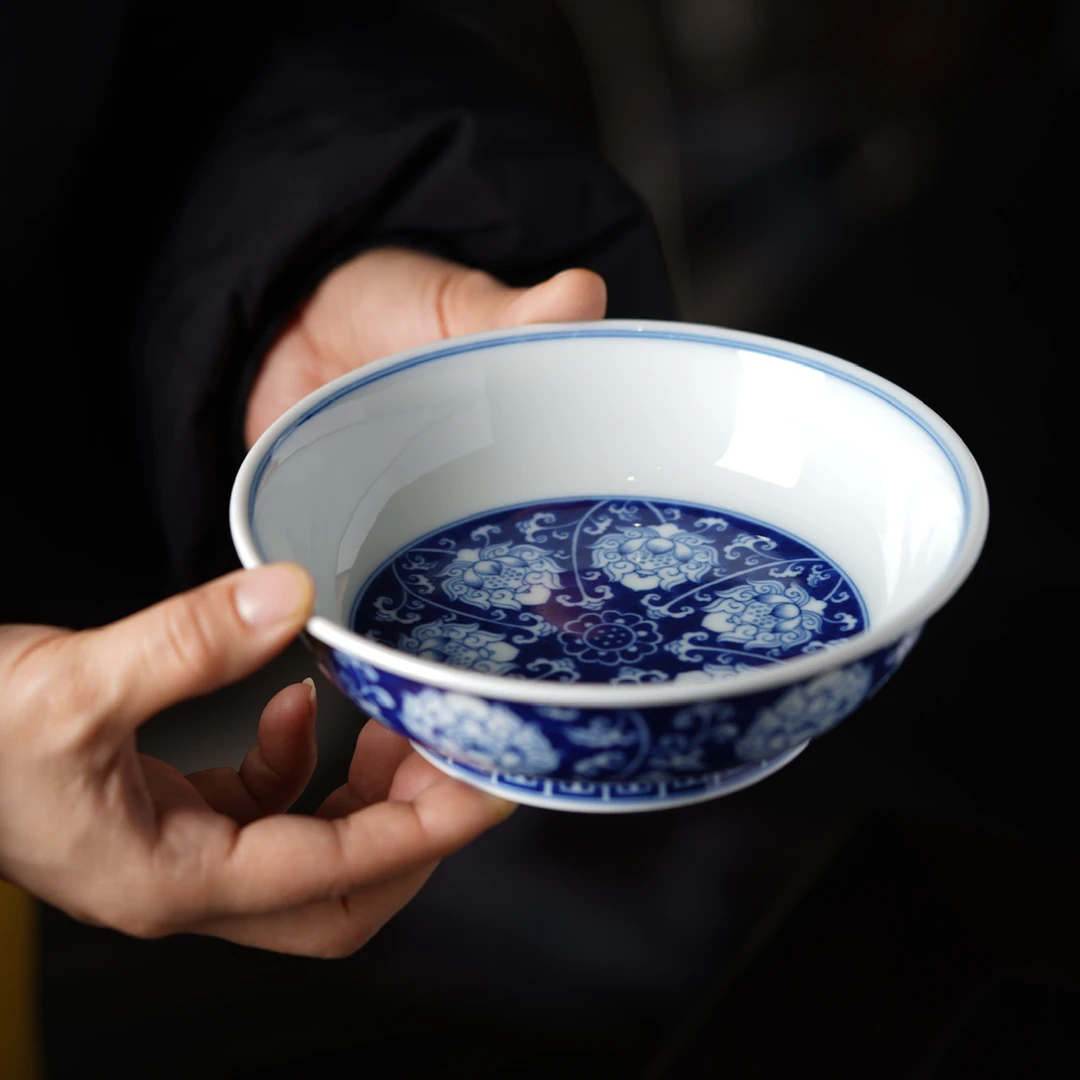 妙色在川观物蓝底宝相壶承家用小号16cm高端瓷器景德镇纯手绘