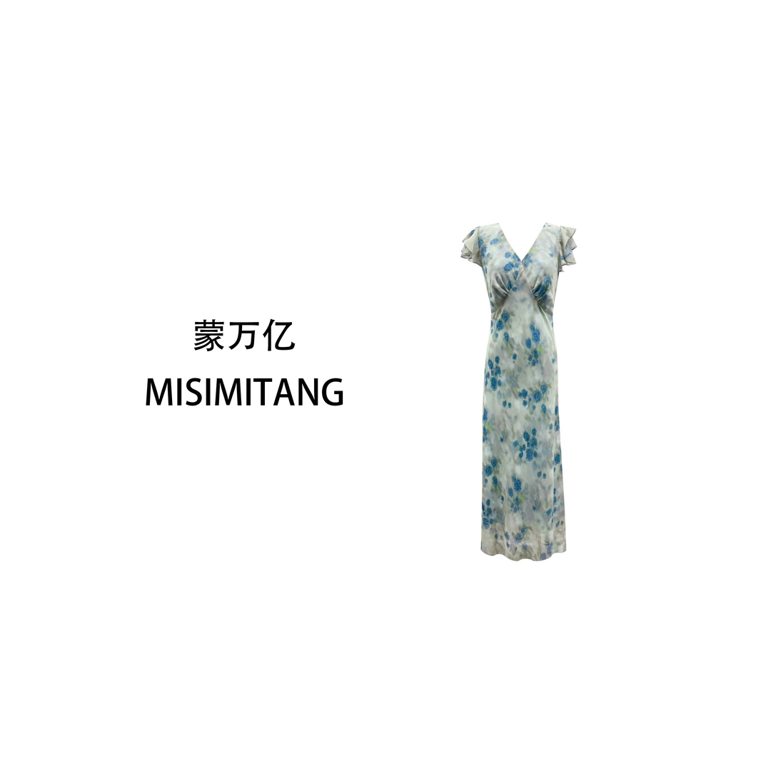 【雾蓝短袖】夏款斜裁显瘦女装蓝色连衣裙欧若风时尚轻奢气质