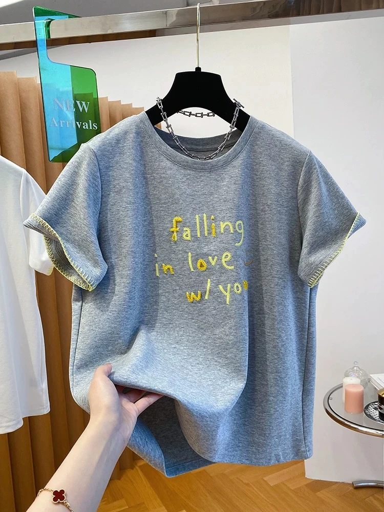 【倾心T】设计感小众字母刺绣蕾丝潮流T恤女短袖宽松上衣D0225