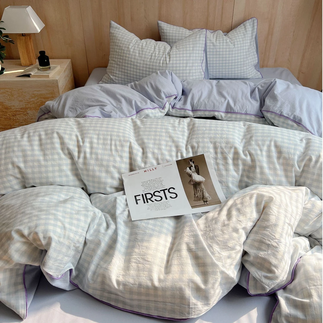 小玲子家纺 嵌绳格子系列 简约全棉四件套小清新三件套纯色床品