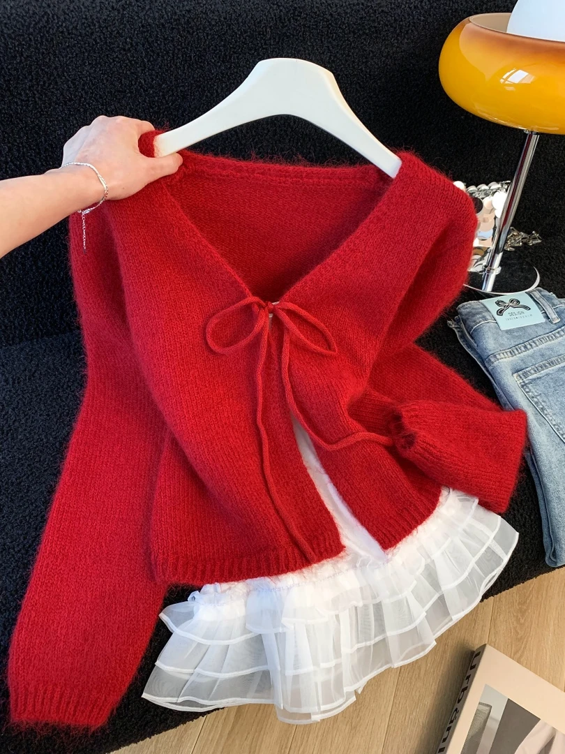 韩系v领过年红针织开衫春上衣女冬季短款花边吊带背心叠穿两件套