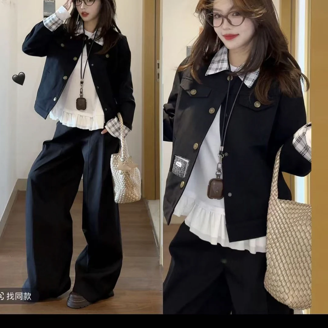 复古短款夹克外套女春秋季宽松韩系棒球服风格套装