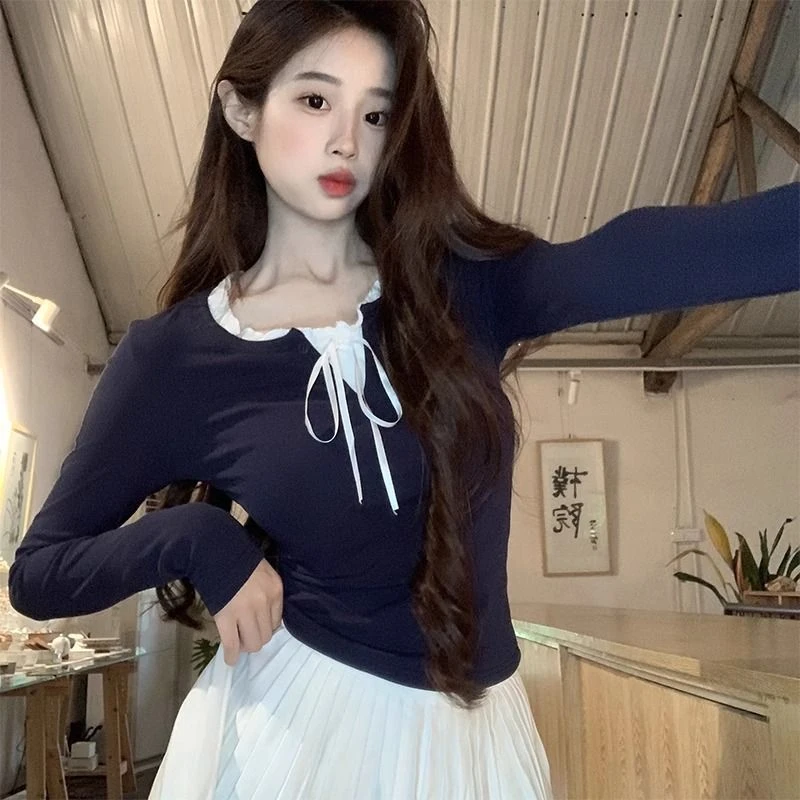 1-1春秋新款纯欲风上衣修身显瘦纽扣系带打底辣妹长袖打底t恤女