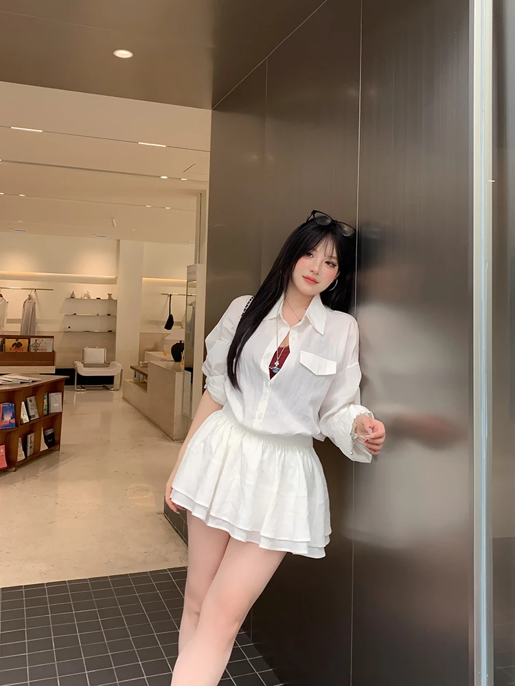 黑泽玄七纸感微皱套装亲肤微胖显瘦百搭设计面料慵懒mvp衬衫&短裙