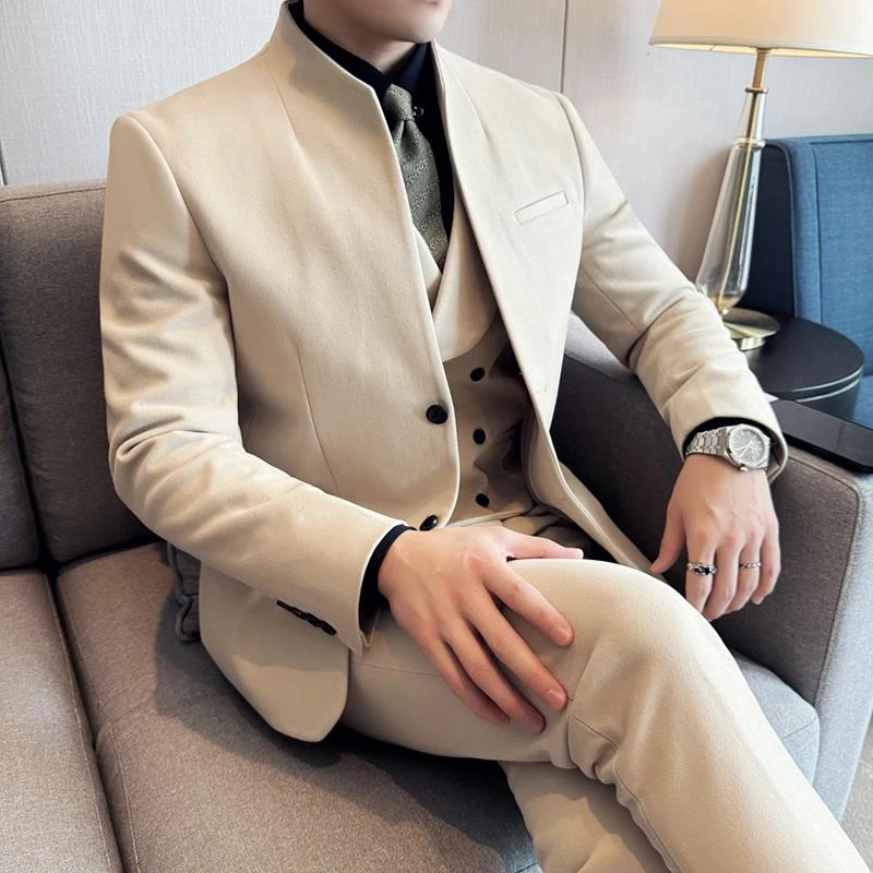 秋冬季毛呢西装男立领商务结婚正装加厚保暖休闲修身西服三件套装