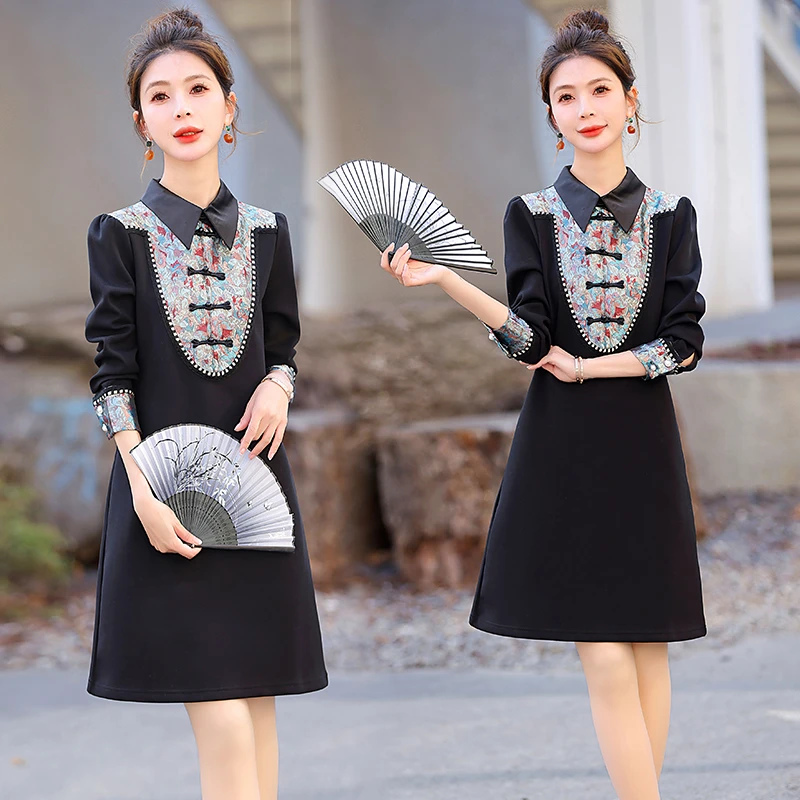 新中式国风复古盘扣连衣裙女2025年春秋新款改良旗袍小个子A字裙