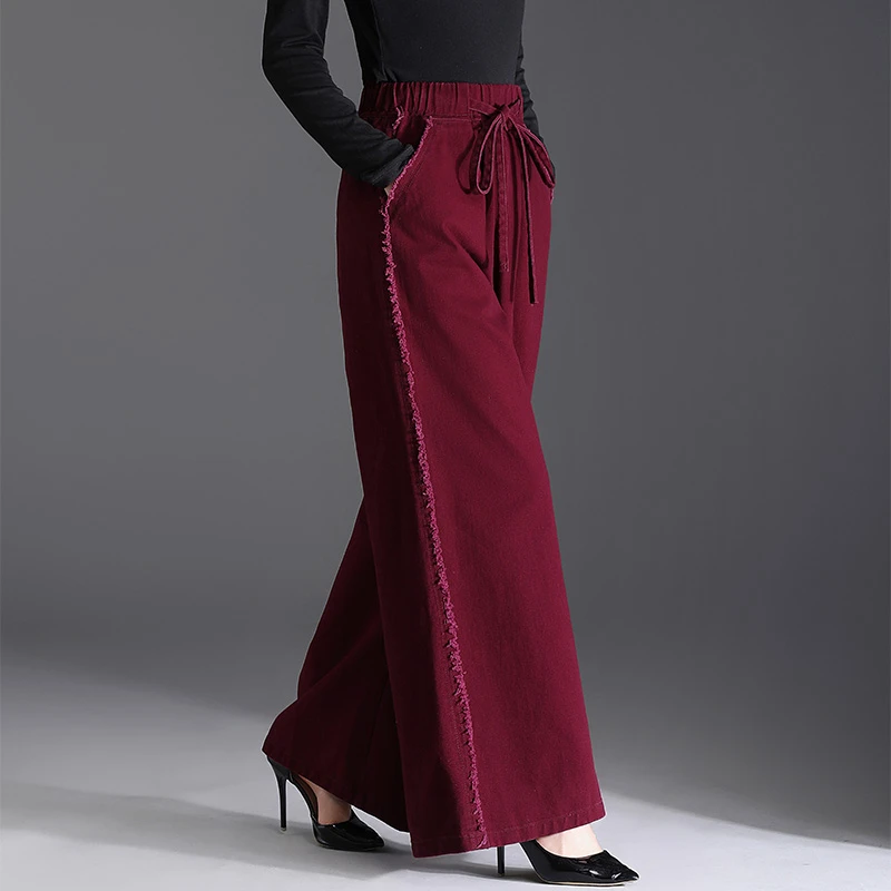 2025新款加绒安可拉红松紧高腰阔腿牛仔裤女宽松大码拖地休闲长裤