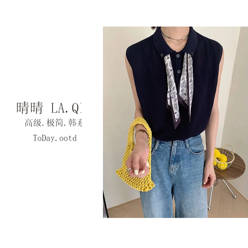晴晴家-【静奢时光】夏季气质带丝巾老钱风高级polo领短袖T恤2663