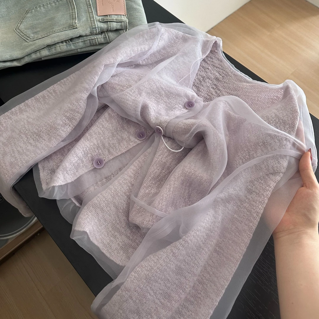 cheese'风信子'上衣女蕾丝透透纱拼接小衫设计感小众粉紫v领外套