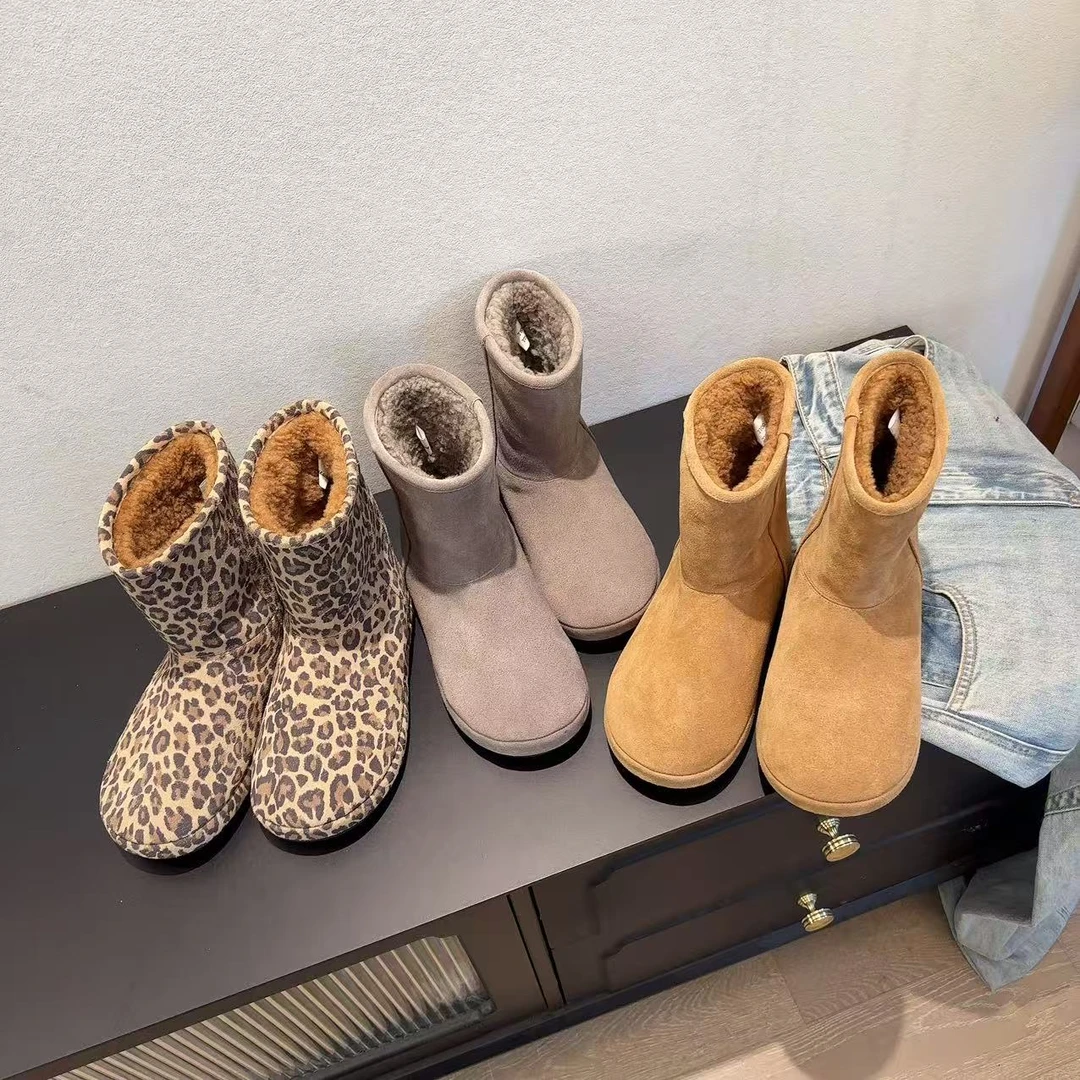 DAABAE GOOD 水洗牛京秋冬中筒羊皮毛一体雪地靴保暖棉鞋 2700-1