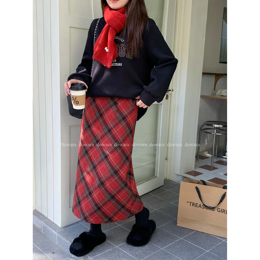 现货大婉酱微胖定制 圣诞氛围格纹半裙长款气质百搭显瘦裙子4535D