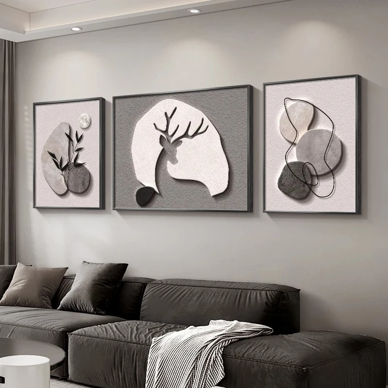 现代简约客厅大白墙装饰画抽象沙发背景墙挂画高级感麋鹿三联壁画