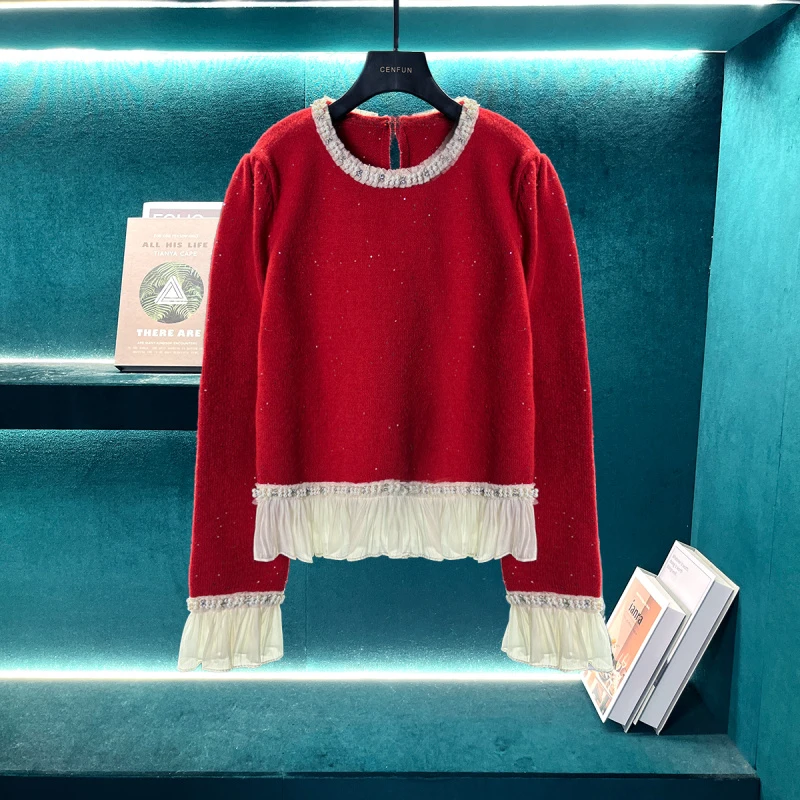 【CENFUN】 小香风名媛钉珠荷叶边女气质针织上衣A230126
