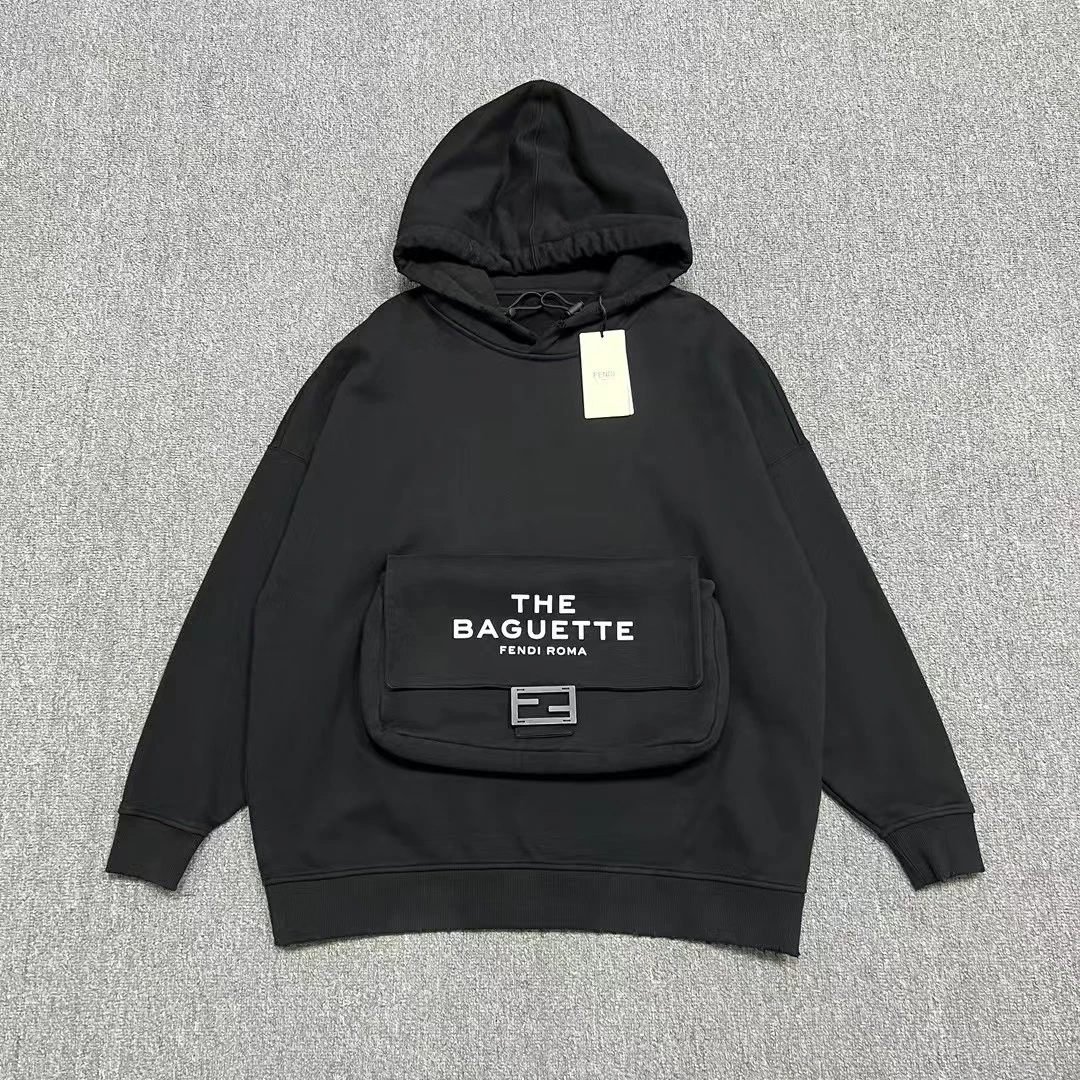 未使用 FENDI/芬迪 Fendi 黑色标语Logo大口袋卫衣帽衫 S/M码