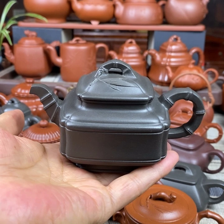 茶壶紫砂四方竹鼓200CC原矿古天青特价